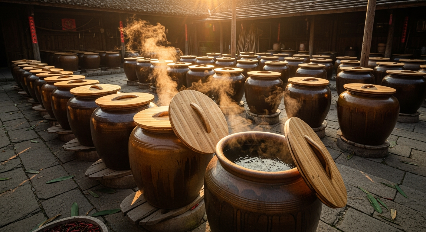 AI_IMAGE: Rows of traditional clay fermentation jars with bamboo lids in a sunlit outdoor courtyard, warm terracotta and amber tones, some jars slightly open revealing dark rich soy sauce inside, steam wisps visible in golden backlight, artisanal Sichuan fermentation setting | photorealistic | landscape