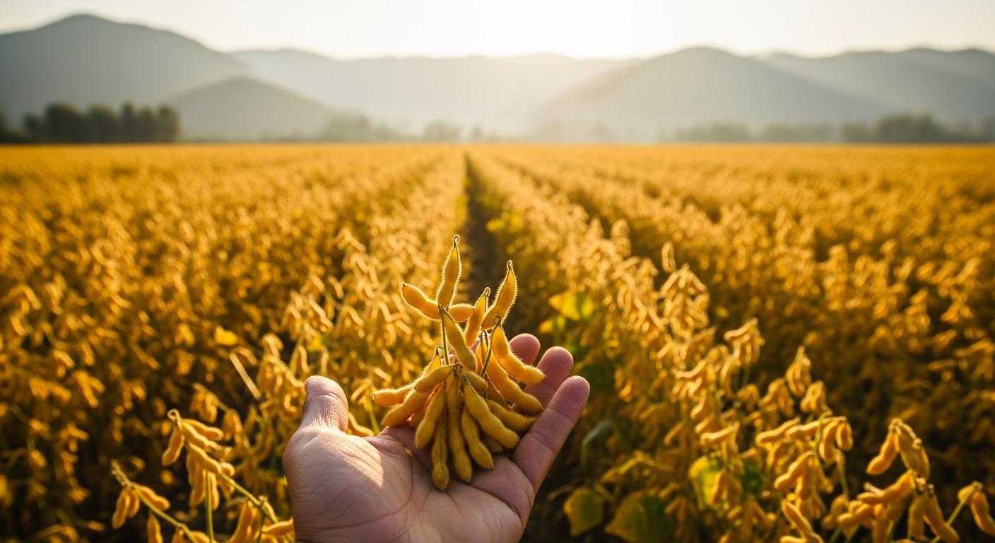 AI_IMAGE: Golden ripe soybean field stretching toward misty mountains in Sichuan countryside, late afternoon warm sunlight casting honey tones across the crop rows, a farmer's hand gently holding a cluster of plump non-GMO soybean pods in the foreground, bokeh background with rolling hills | photorealistic | landscape