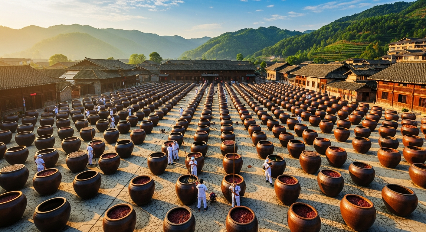 AI_IMAGE: Panoramic aerial view of a massive outdoor sun-drying yard with hundreds of clay fermentation jars arranged in precise geometric rows, warm golden morning light casting long shadows, workers in white uniforms tending to the jars, surrounded by traditional Sichuan architecture and lush green hills in the background, cinematic wide composition | photorealistic | landscape