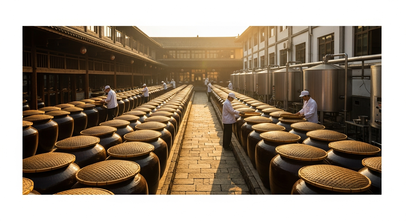 AI_IMAGE: A panoramic view of a traditional Sichuan fermentation factory courtyard bathed in warm afternoon sunlight. Rows of large clay jars with woven bamboo lids stretch into the distance on a stone terrace. Workers in clean white uniforms carefully tend to the jars. Modern stainless steel equipment is visible in the background building, blending tradition with technology. Warm amber tones, golden light, documentary photography style. | photorealistic | landscape