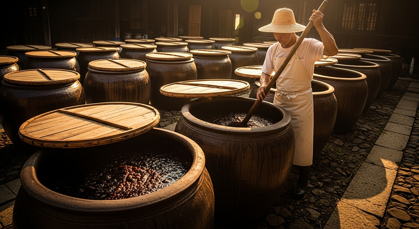 AI_IMAGE: Rows of traditional clay fermentation jars with bamboo lids partially removed, revealing dark fermenting soy sauce mash inside. A worker in white apron and straw hat stirs one jar with a long wooden paddle. Warm afternoon sunlight bathes the open-air courtyard. Documentary style, warm amber tones. | photorealistic | 4:3