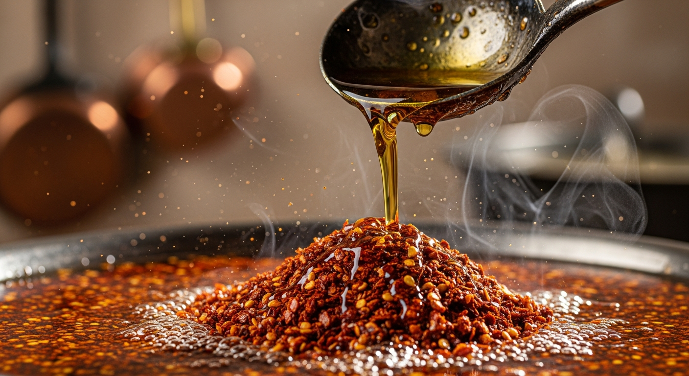 AI_IMAGE: Close-up action shot of hot oil being poured from a ladle onto a bowl of coarsely ground red chili flakes mixed with sesame seeds. Steam and tiny oil bubbles rise dramatically. The background is a traditional kitchen with copper utensils. Warm red and amber tones, documentary food photography style. | photorealistic | 4:3