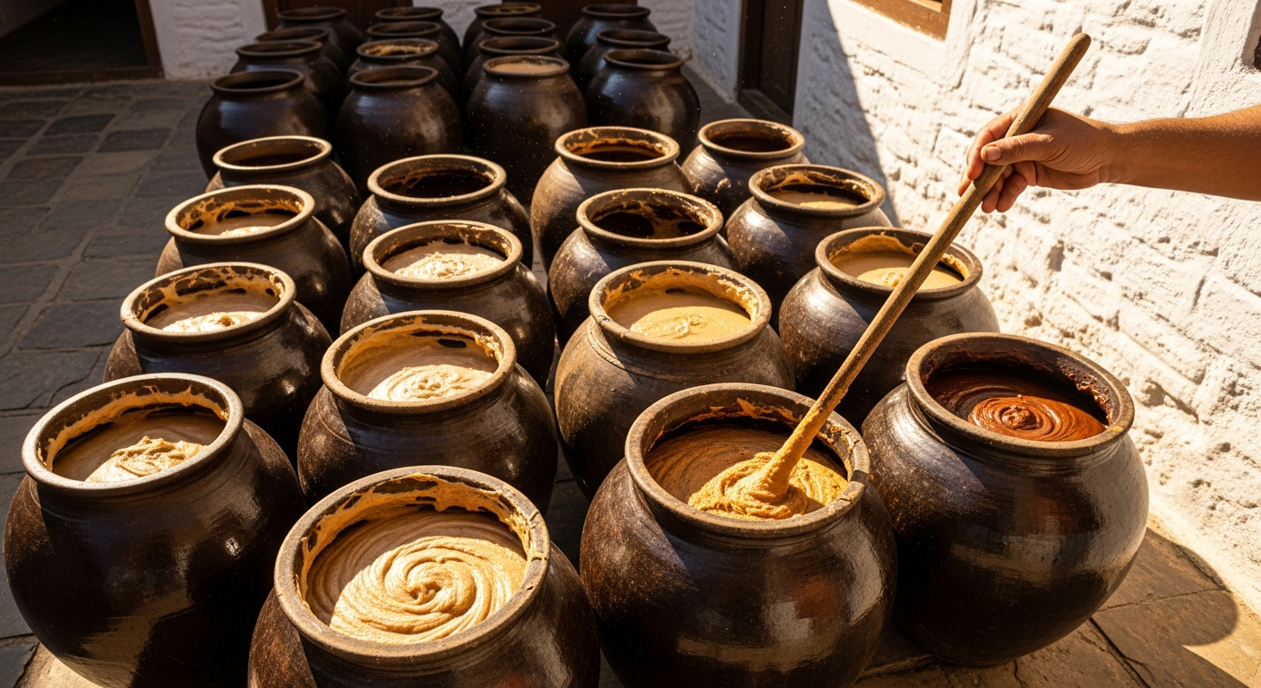 AI_IMAGE: Overhead view of several open clay fermentation jars containing sweet flour paste at different stages of aging — from light tan to deep mahogany brown. The jars are arranged in a sunny outdoor courtyard with white-washed walls. A craftsperson's hand holds a wooden stirring stick over one jar. Natural daylight, warm documentary tone with golden highlights. | photorealistic | 4:3