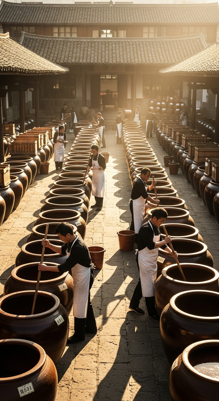AI_IMAGE: A photograph of a mid-century Chinese food production facility with neat rows of large ceramic fermentation vats in an open-air courtyard, workers in white aprons tending the vessels, warm afternoon sunlight bathing the scene in golden tones. Industrious yet artisanal atmosphere. | photorealistic | portrait