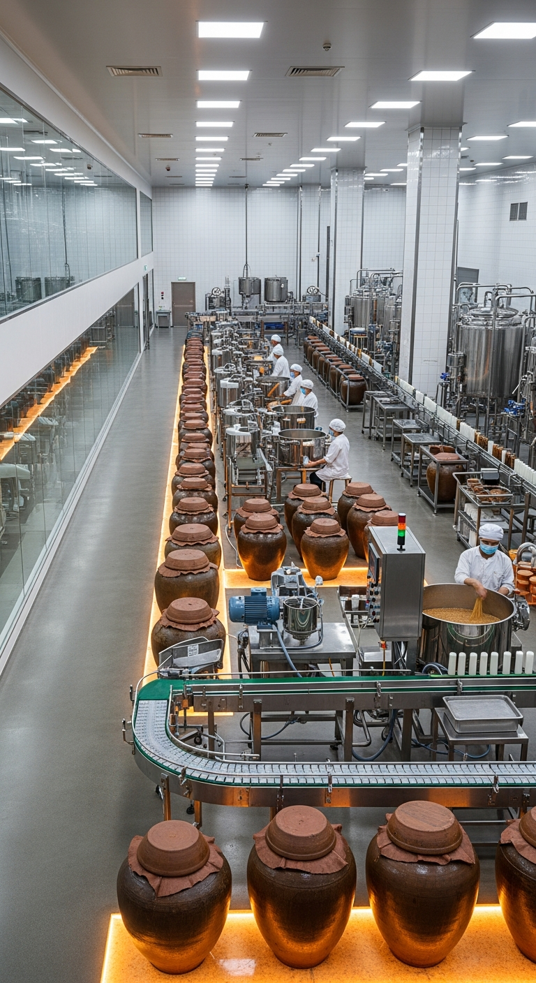 AI_IMAGE: A modern food manufacturing facility interior with stainless steel equipment alongside traditional clay fermentation jars, bright clean lighting with warm accents, a glass-walled observation corridor showing the production floor. Blend of tradition and modern technology. | photorealistic | portrait