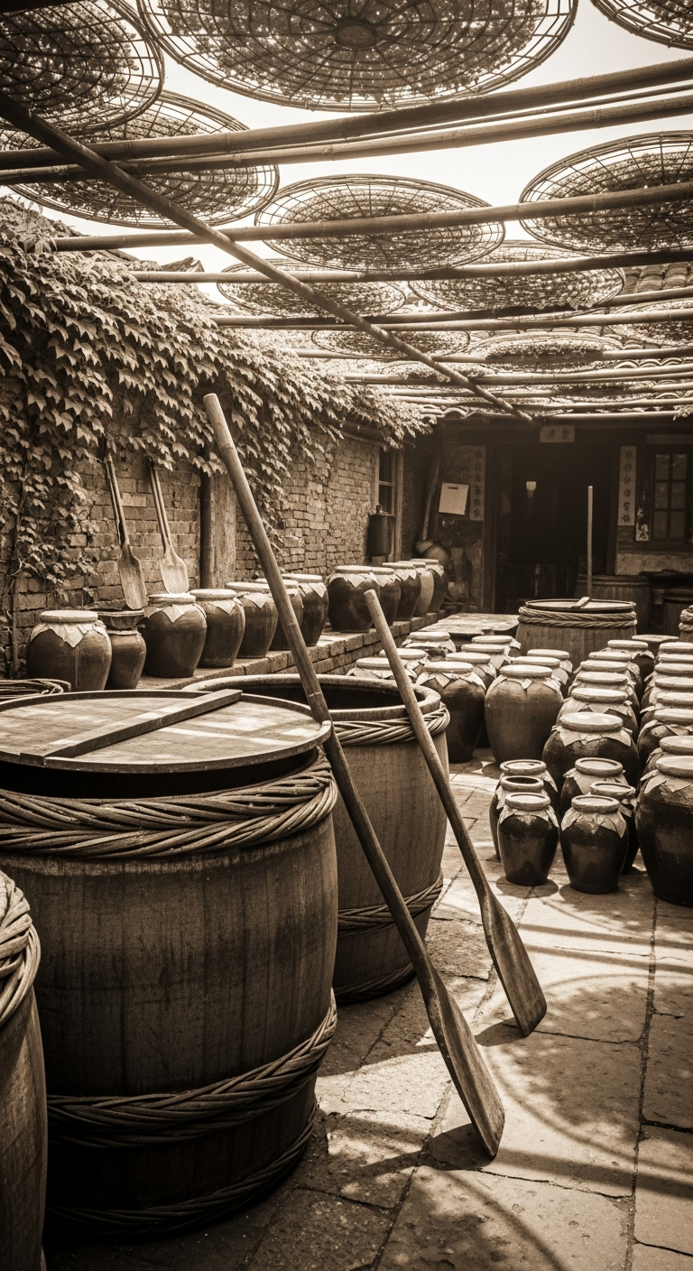 AI_IMAGE: A sepia-toned vintage photograph recreation of a small traditional Chinese soy sauce workshop from the early 1900s, showing wooden barrels, clay jars, and a simple stone courtyard with bamboo drying racks. Warm nostalgic atmosphere with soft grain texture. | photorealistic | portrait
