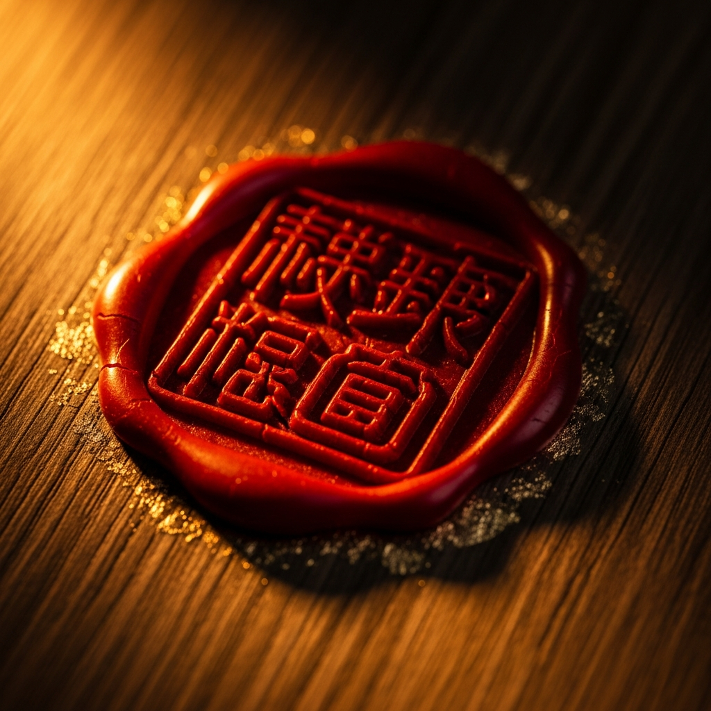 AI_IMAGE: A close-up photograph of a traditional Chinese red wax seal stamp pressed into aged wood, with classical Chinese characters carved into the seal face, warm amber side-lighting creating deep shadows, with hints of gold leaf around the edges. Heritage and craftsmanship atmosphere. | photorealistic | square