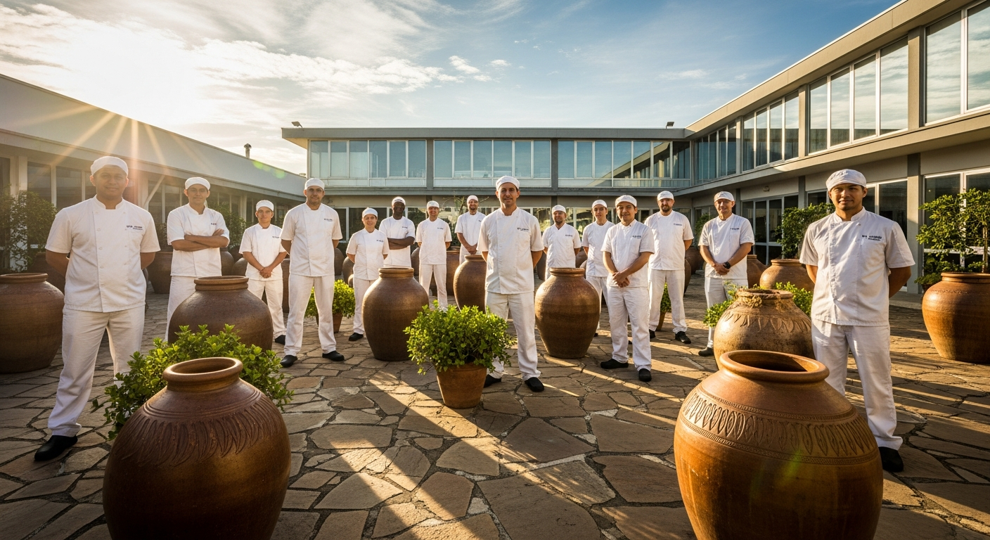 AI_IMAGE: A wide-angle photograph of a diverse team of food production workers standing proudly in a sunlit courtyard surrounded by traditional clay fermentation jars, wearing clean white uniforms and smiling warmly at the camera. Morning golden light illuminates the scene with a modern factory building visible in the background. Team pride and artisanal heritage atmosphere. | photorealistic | landscape